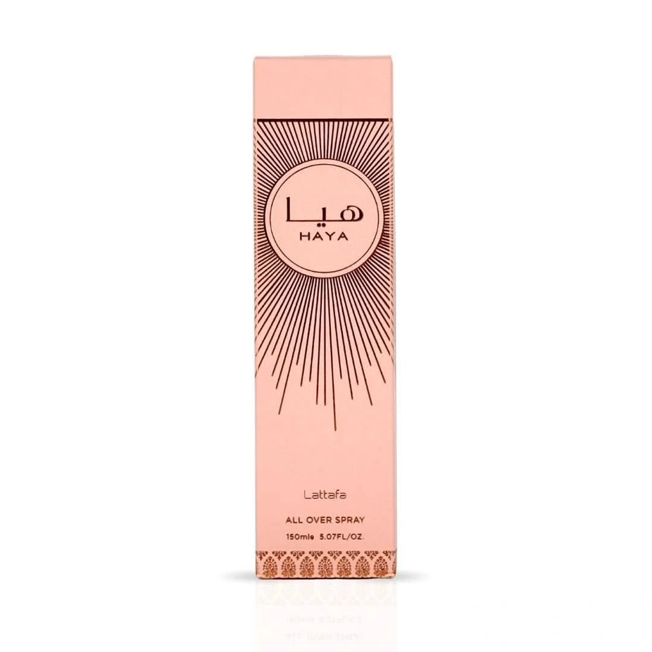Lattafa Haya All Over Spray 150ml with floral and fresh scent, featuring a sleek bottle design, ideal for daily fragrance use.