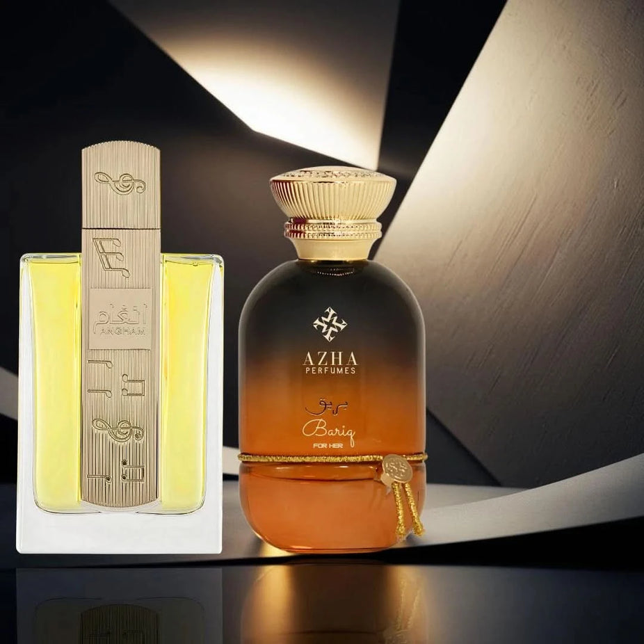 Bundle of Lattafa Angham and Azha Bariq Eau de Parfum sprays, 100ml each, featuring sleek bottles in a stylish display.