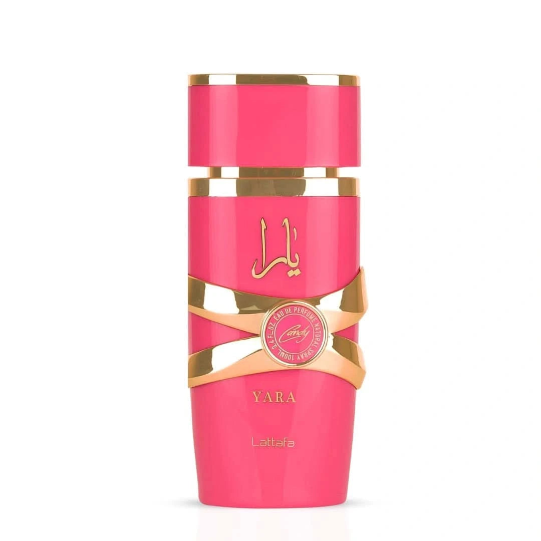 Lattafa Yara Candy Eau de Parfum spray 100ml in a velvet pouch, featuring a sleek bottle and elegant design.