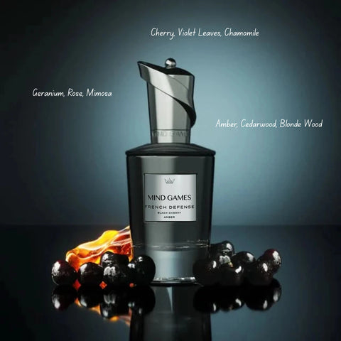 French Defense Extrait de Parfum 100ml by Mind Games, elegant EDP bottle with sophisticated dark packaging and gold accents.