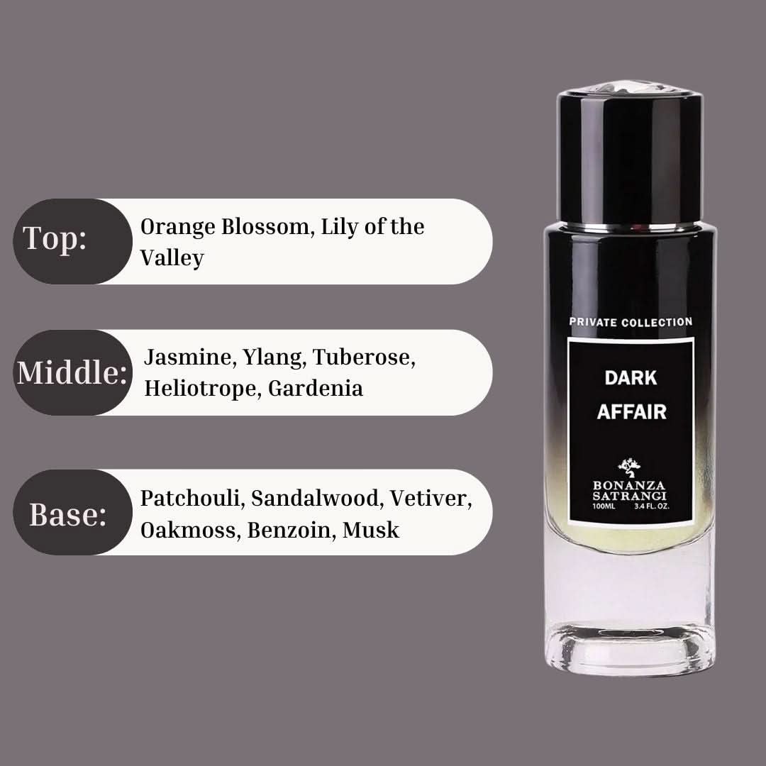 Bonanza Satrangi Dark Affair EDP Spray 100ML, musky-woody fragrance, long-lasting and vibrant, shown in a sleek perfume bottle.