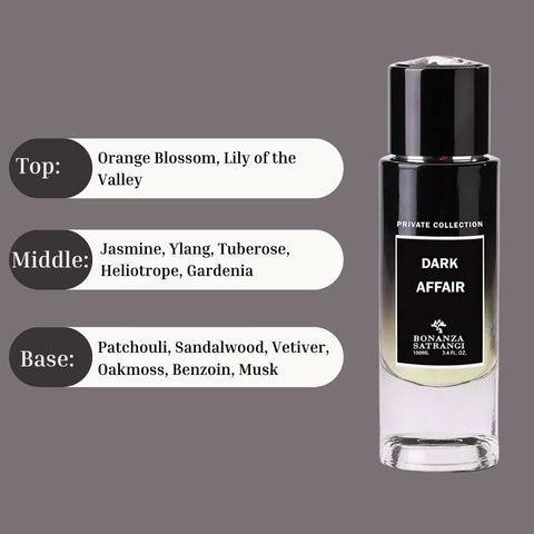 Bonanza Satrangi Dark Affair EDP Spray 100ML, musky-woody fragrance, long-lasting and vibrant, shown in a sleek perfume bottle.