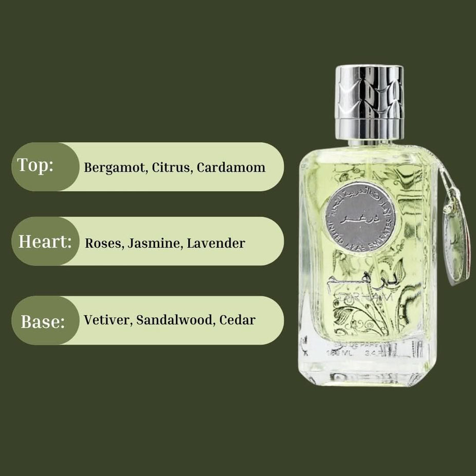 Dirham Eau de Parfum spray and deodorant by Ard Al Zaafaran, featuring 100ml perfume and 50ml deodorant in elegant packaging.