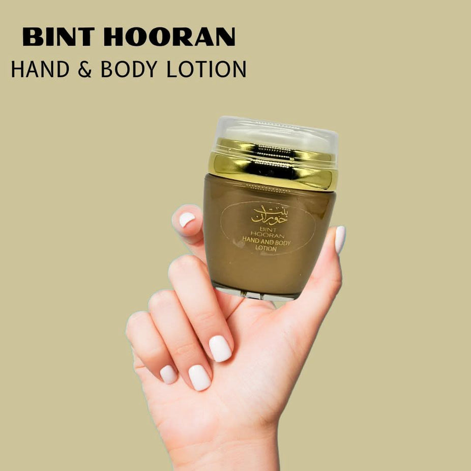 Bint Hooran hand and body lotion by Ard Al Zaafaran in a 45ml bottle, featuring elegant packaging and a smooth lotion texture.