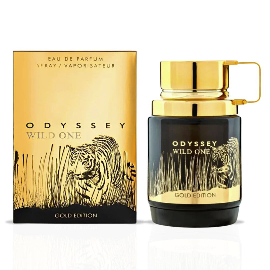 Armaf Odyssey Mandarin Sky, Aoud Edition, and Wild One Gold Eau de Parfum sprays in a collection, 100ml bottles, display image.