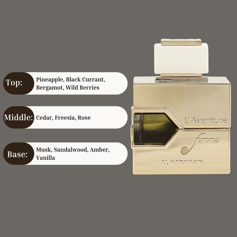 Al Haramain L'Aventure Femme Eau de Parfum spray bottle, 100ml, with elegant floral and fruity fragrance details visible.