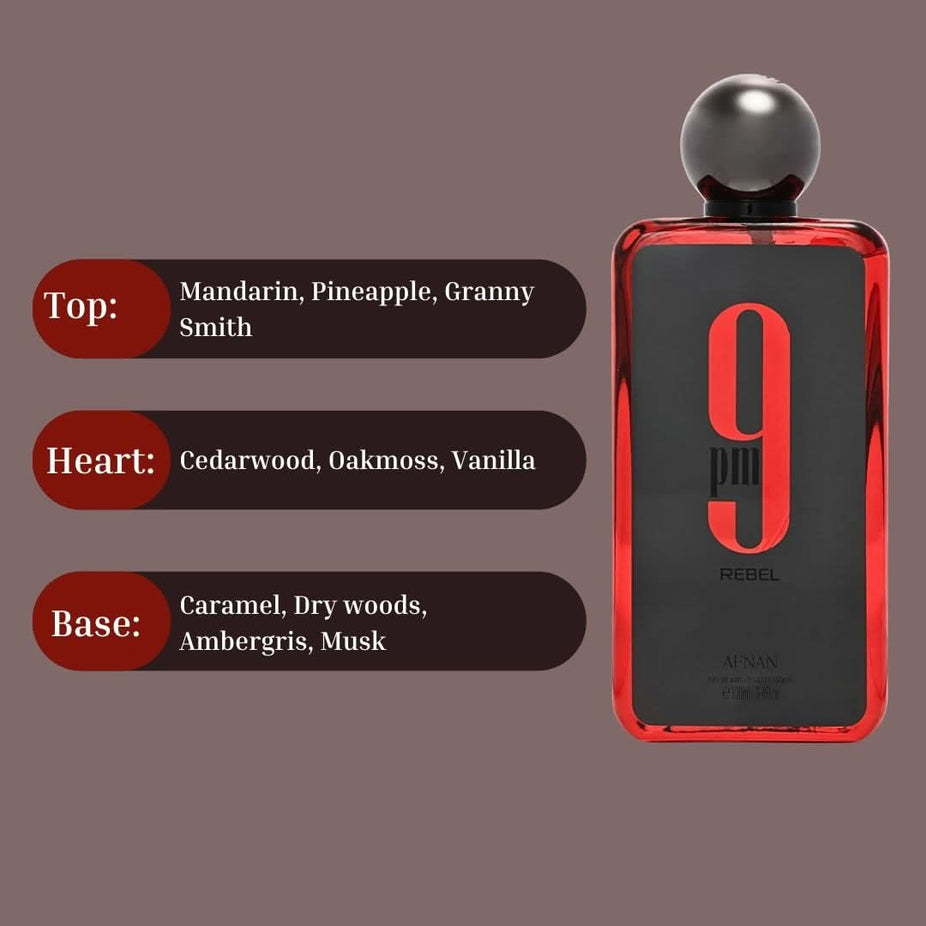 Afnan 9PM Rebel Eau de Parfum spray bottle with sleek packaging, 100ml (3.4 oz), displayed on a neutral background.