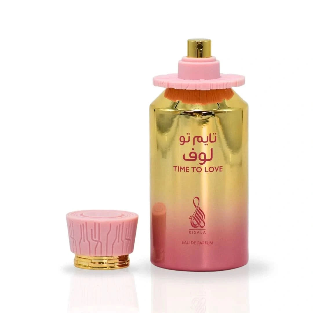 RISALA Time To Love Eau de Parfum spray 100ml with velvet pouch, elegant bottle and floral design.