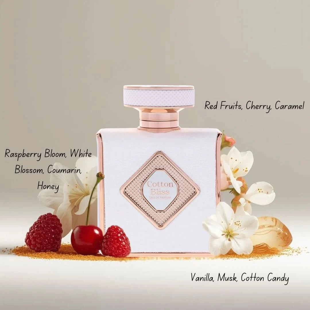 RISALA Cotton Bliss Eau de Parfum spray in 100ml bottle with velvet pouch, featuring elegant packaging and floral scent.