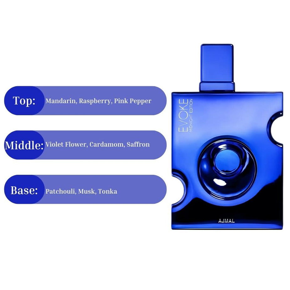 Evoke Midnight Eau de Parfum spray by Ajmal, 90ml bottle, featuring a sleek dark-colored design and elegant packaging.