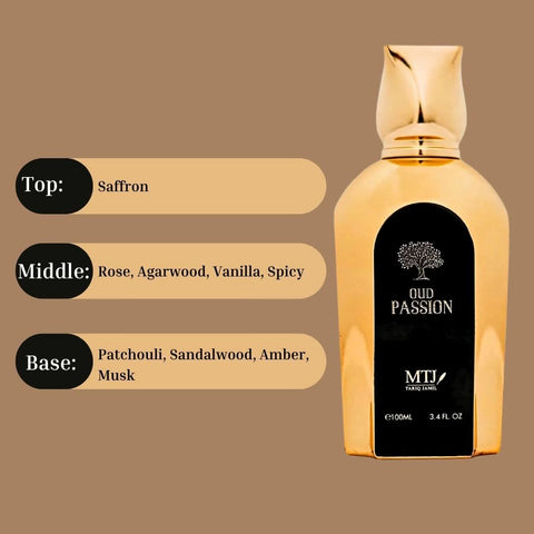 MTJ Oud Passion Eau de Parfum spray bottle, 100ml, with elegant packaging and sleek design, showcasing the luxurious scent of Oud.