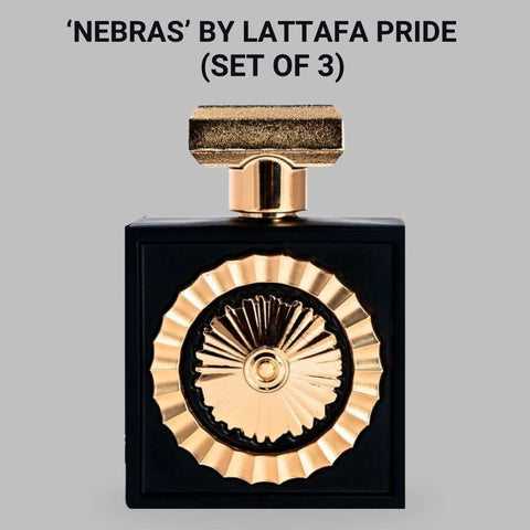 Lattafa Pride Nebras Eau de Parfum Spray 100ml in a value pack of three, featuring elegant bottles and sleek packaging.