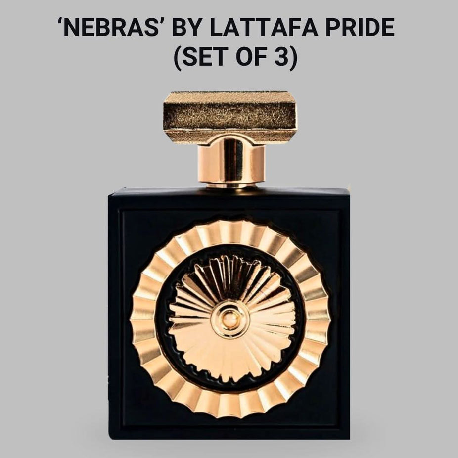 Lattafa Pride Nebras Eau de Parfum Spray 100ml bottles in a value pack, featuring elegant glass bottles with decorative caps.