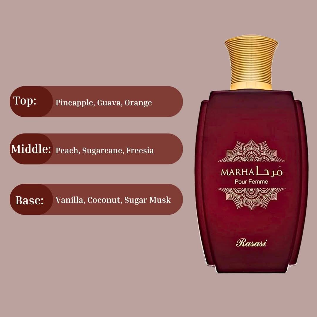 Rasasi Marha Pour Femme Eau de Parfum spray 100ml with velvet pouch, featuring elegant perfume bottle and floral design.