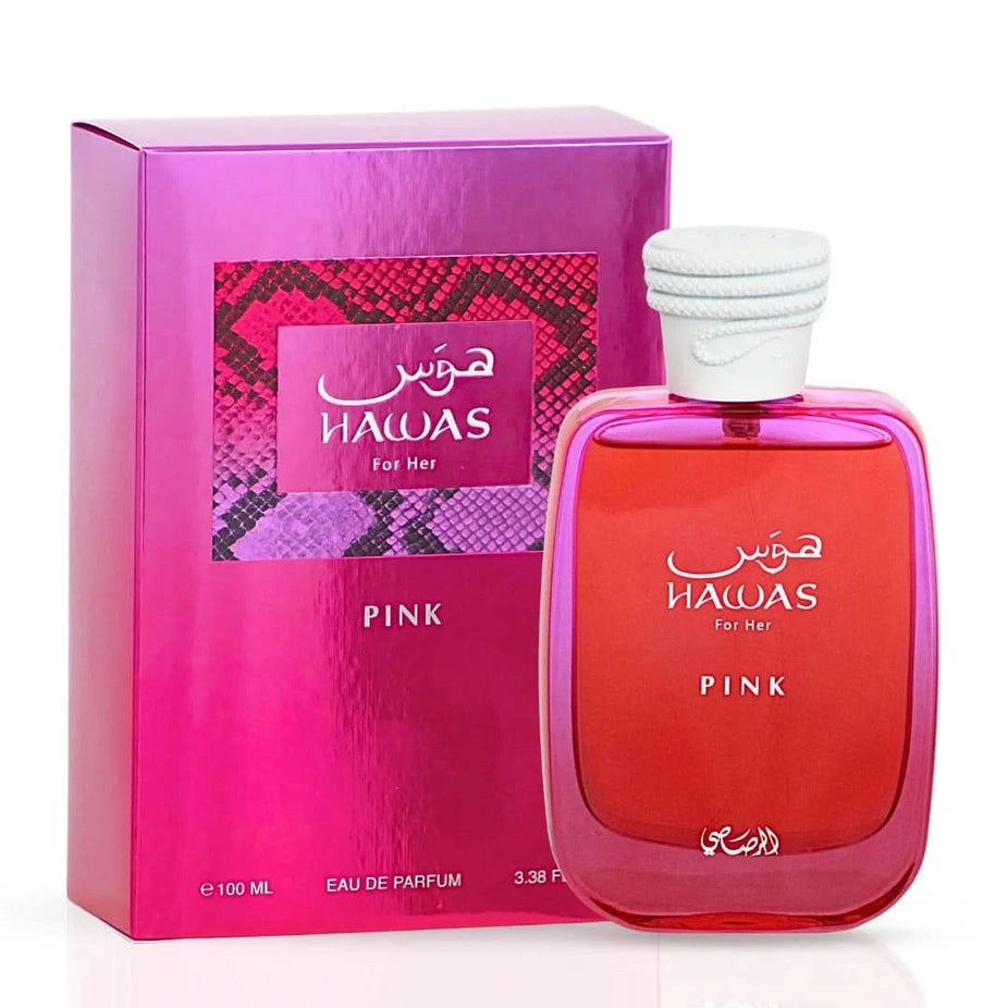 Rasasi Hawas Atlantis for Him and Hawas Pink for Her 100ml Eau de Parfum spray bundle, featuring sleek bottles.