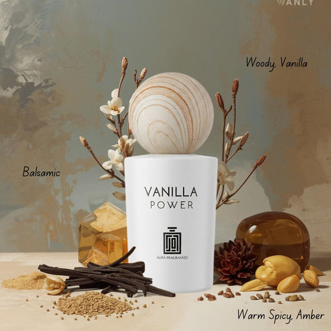 Aura Fragrances Vanilla Power Eau De Parfum spray bottle, 100ml, with elegant packaging and a vanilla-scented fragrance display