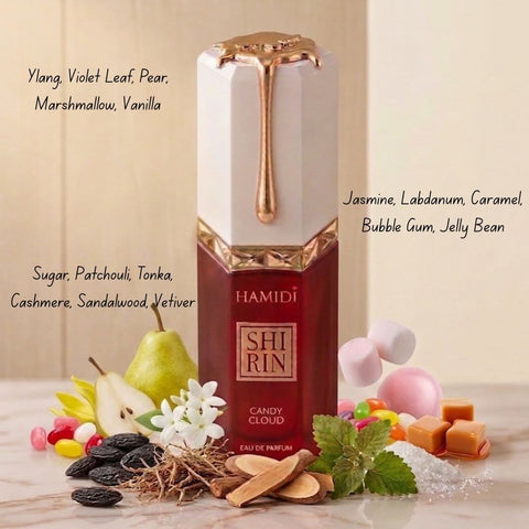 Hamidi Shirin Candy Cloud Eau de Parfum spray in a 100ml bottle, shown with velvet pouch, featuring a pastel-colored floral design.