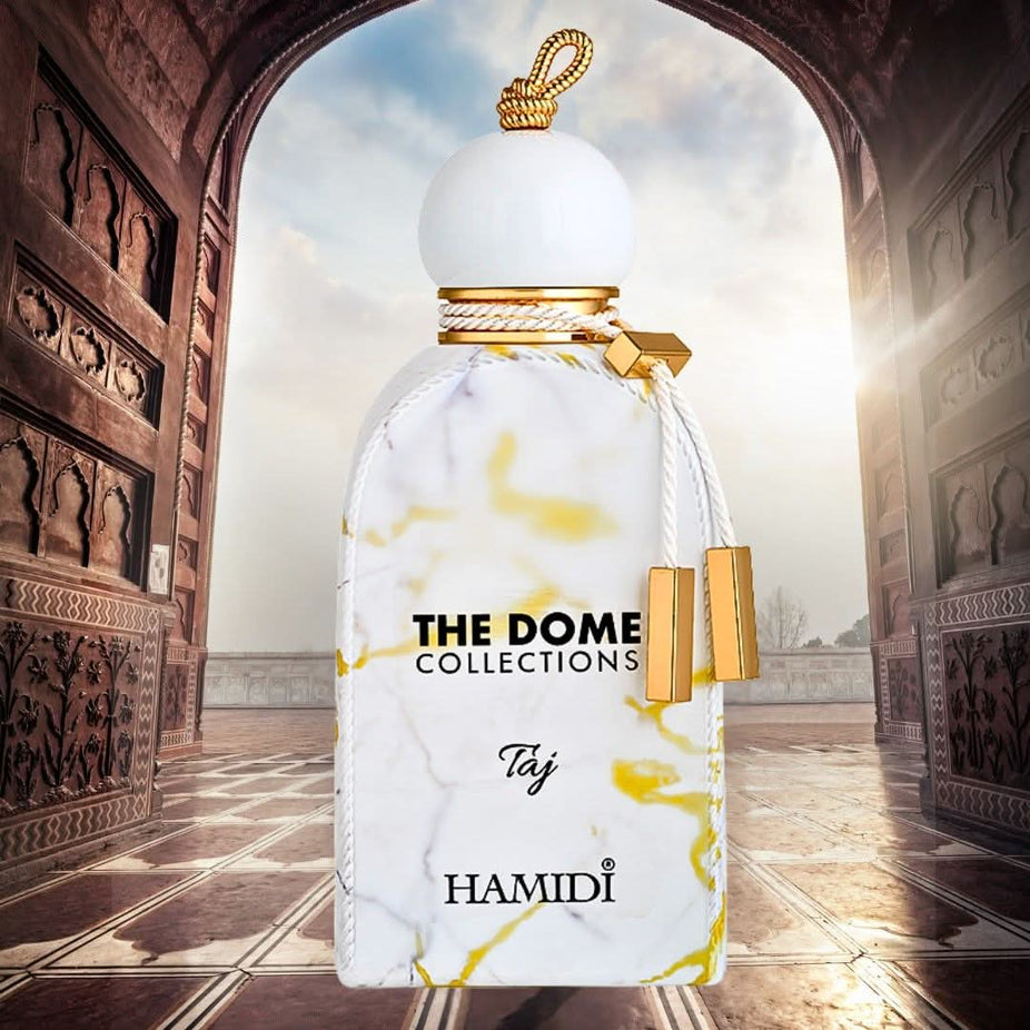 Hamidi The Dome Astrodome and Taj Eau de Parfum sprays in 100ml bundle, featuring stylish bottles with elegant designs.