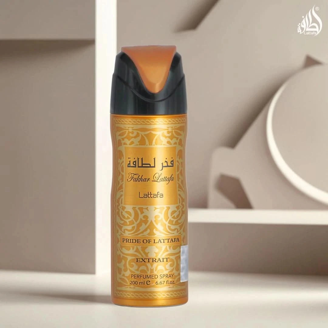 Lattafa Fakhar Gold deodorant spray bottle, 200ml, with gold-colored packaging and spray nozzle visible.