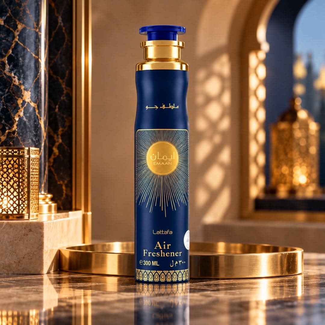 Lattafa Emaan Air Freshener 300ml spray bottle with floral and fresh scent, designed to freshen and deodorize indoor spaces.