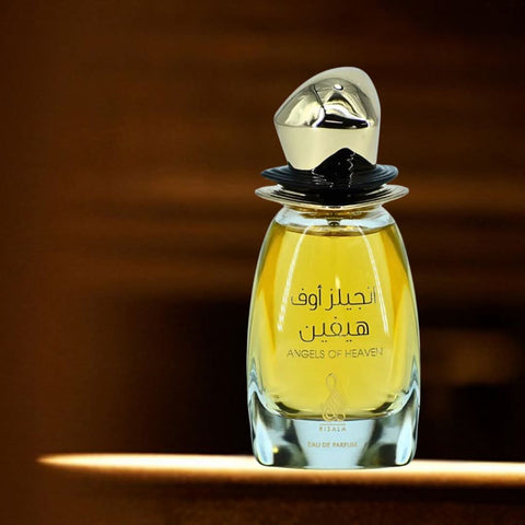 Bundle of RISALA Sensuelle & Angels of Heaven Eau de Parfum sprays, 100ml each, featuring elegant perfume bottles with floral and oriental designs.