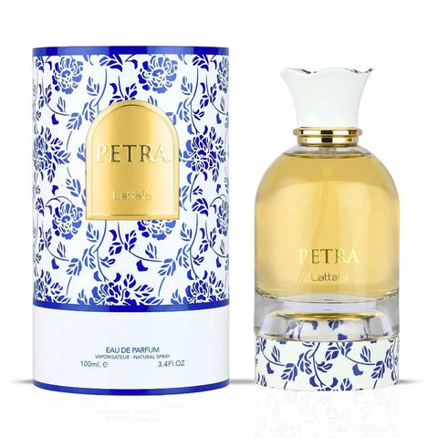 Lattafa Habik for Women and Petra Eau de Parfum Spray bundle, 100ml each, featuring elegant bottles and floral fragrance designs.