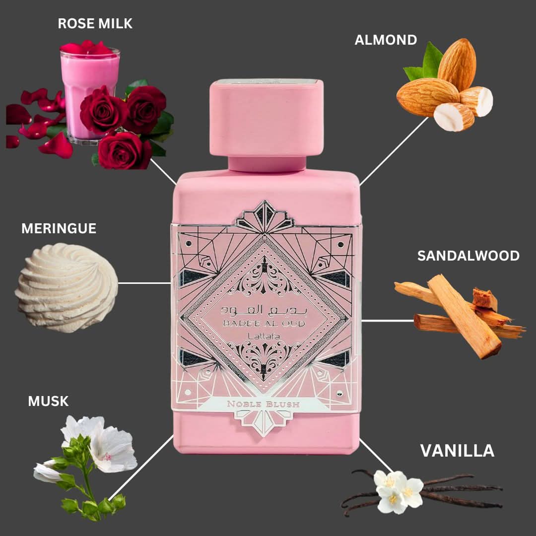 Lattafa Bade'e Al Oud Noble Blush Eau De Parfum spray 100ml with velvet pouch, showcasing the elegant perfume bottle.