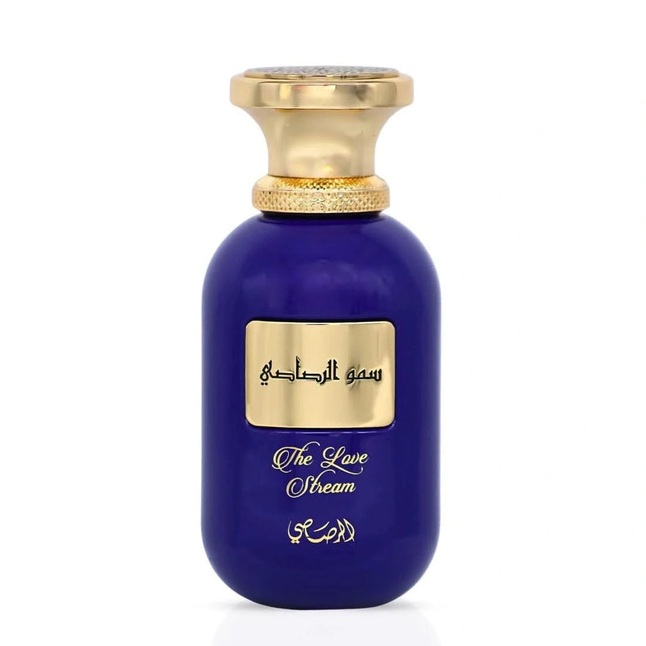 Rasasi Somow Al Rasasi The Love Stream Eau de Parfum spray bottle, 100ml, with elegant design and floral fragrance details