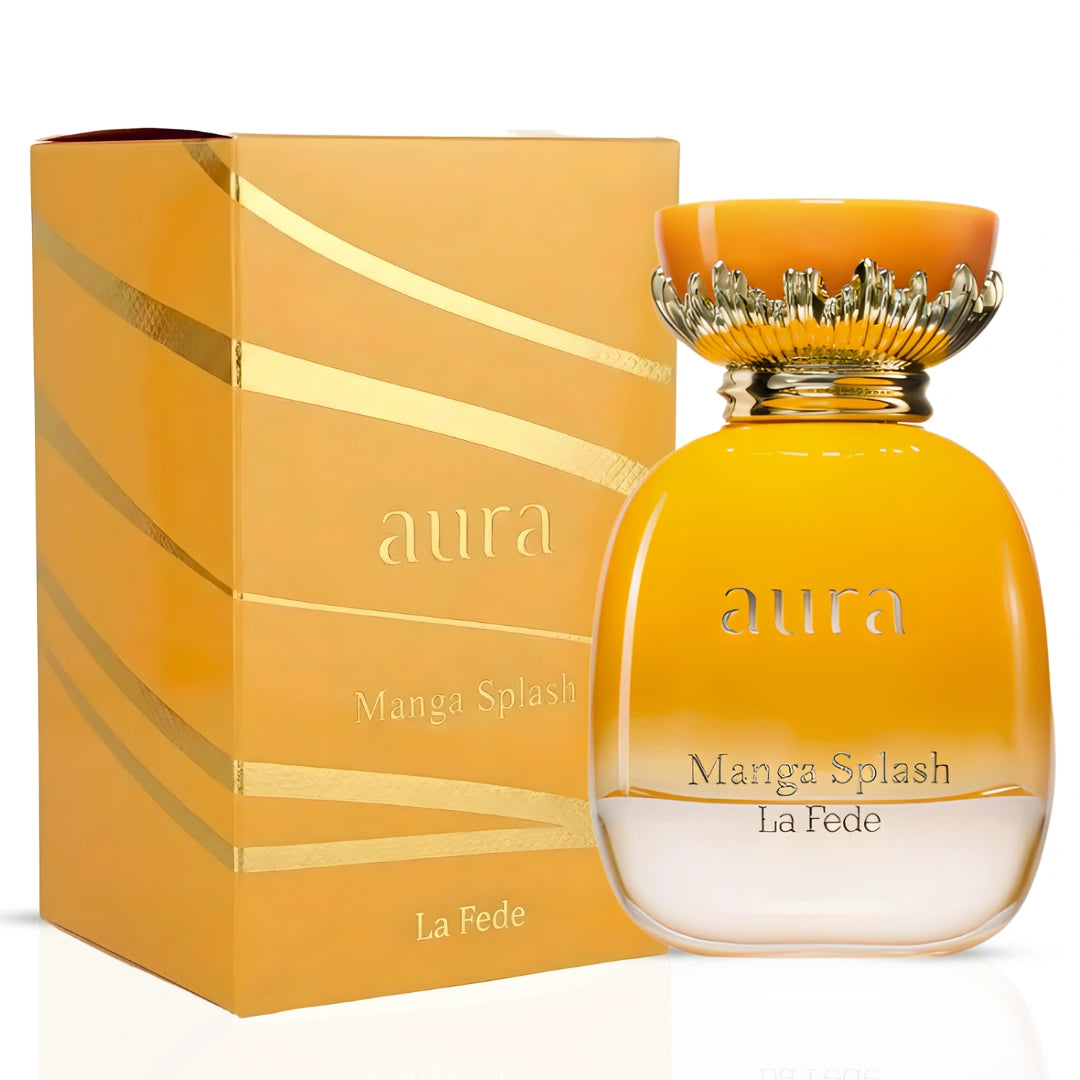 Collection of 100ml mango-scented Eau De Parfum sprays including Odyssey Go Mango, Bubbliz Mango Pop, Yara Tous, Mango Musk, and Aura Manga Splash.