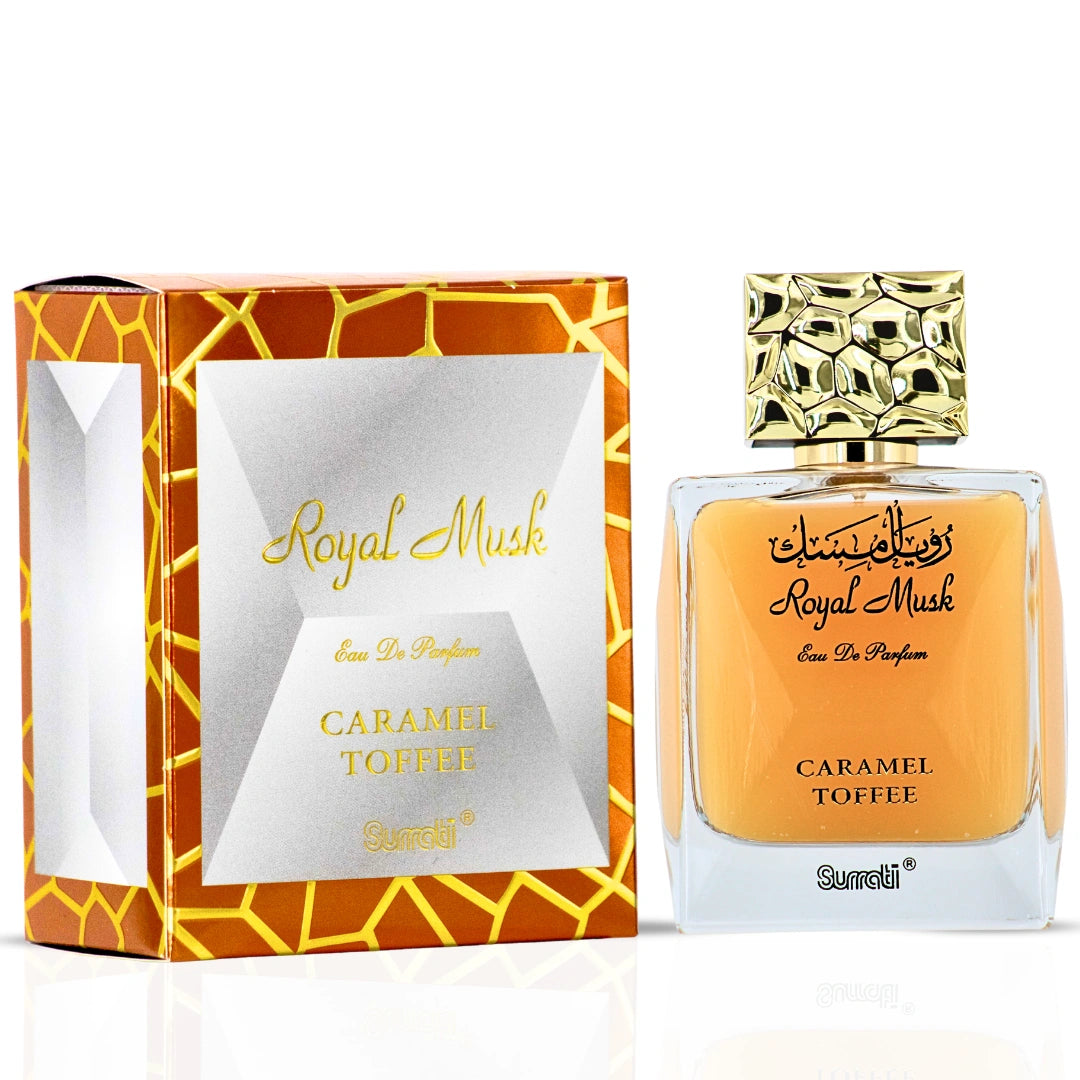 Intense Oud Royal Musk Caramel Toffee and Paris Corner Caramel Cascade Eau de Parfum sprays in a bundle, 100ml each.