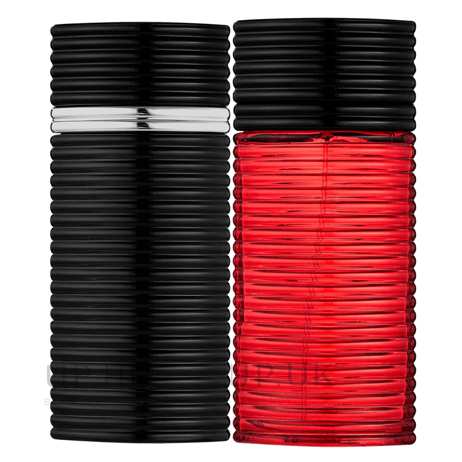 Rasasi Egra EDP couple set for men and women, 100 ML bottles, featuring elegant fragrance bottles with gold accents.