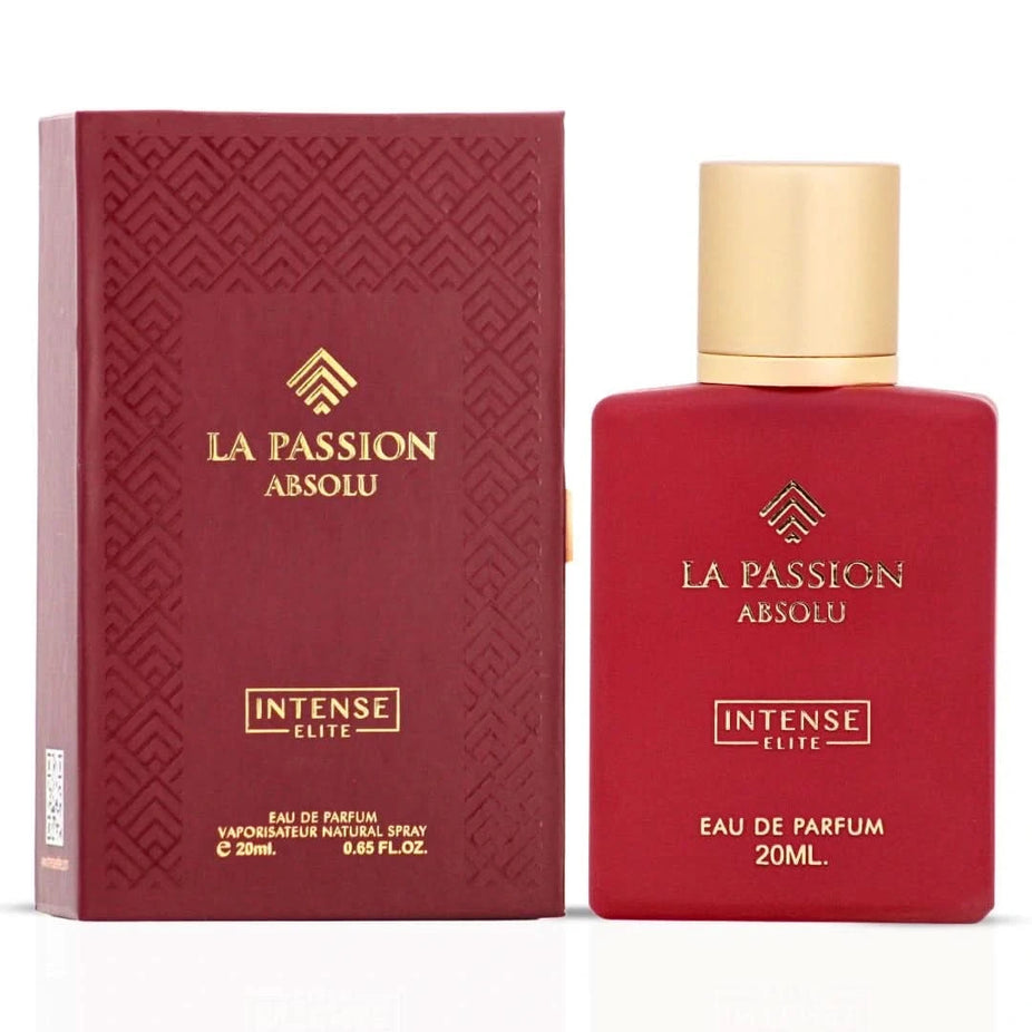 Bundle of two Intense Elite La Passion Blue and La Passion Absolu Eau de Parfum sprays, 20ml each, featuring elegant fragrance bottles.