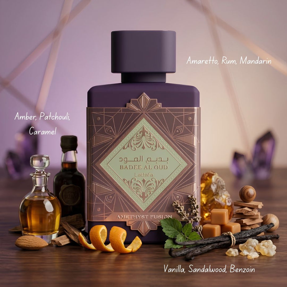 Lattafa Bade'e Al Oud Amethyst Fusion Eau de Parfum spray bottle, 100ml, featuring a sleek design with purple accents.