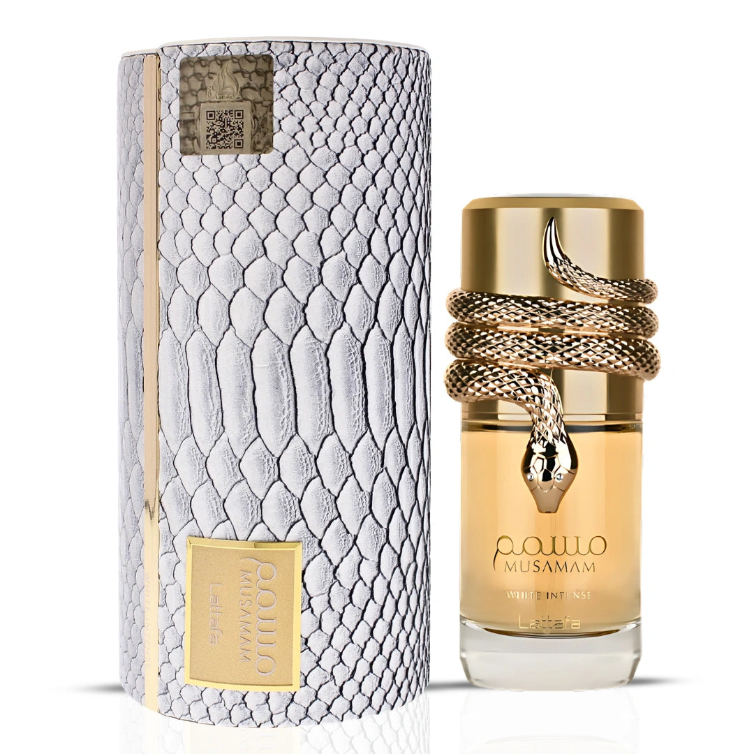 Lattafa Musamam & Musamam Black Intense Eau de Parfum spray bundle, 100ml bottles, showcasing sleek packaging and fragrance branding.