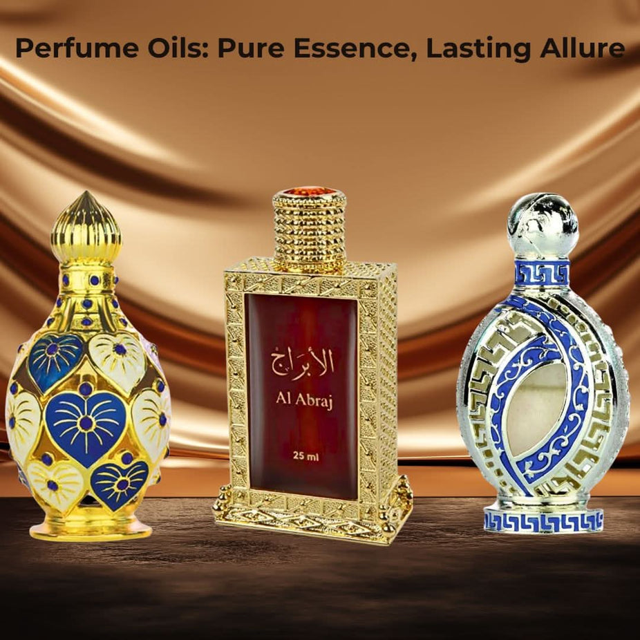 Hamidi Al Abraj Jawahir Iqra perfume oil collection with elegant bottles and ornate packaging.