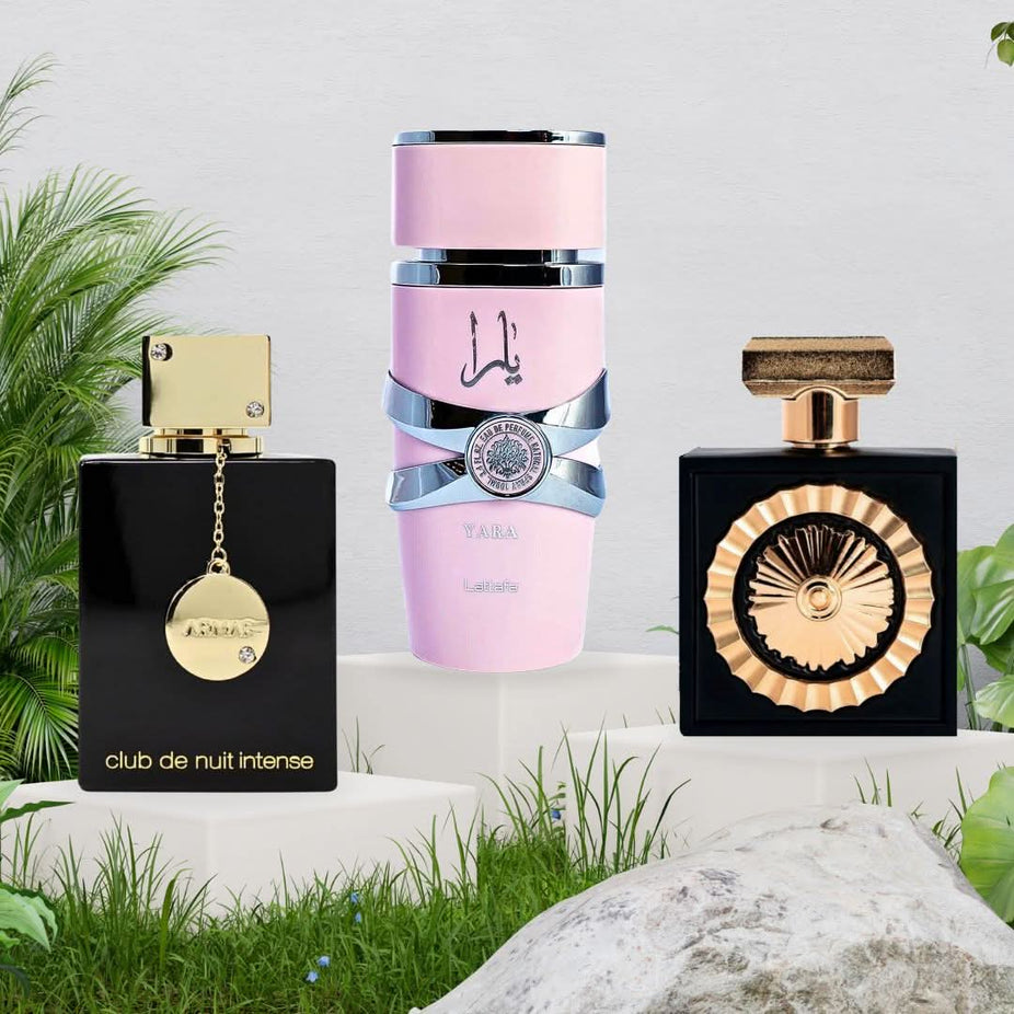 Intense Oud Yara Nebras Club De Nuit Intense Eau De Parfum sprays for women in a value pack, featuring four elegant perfume bottles.