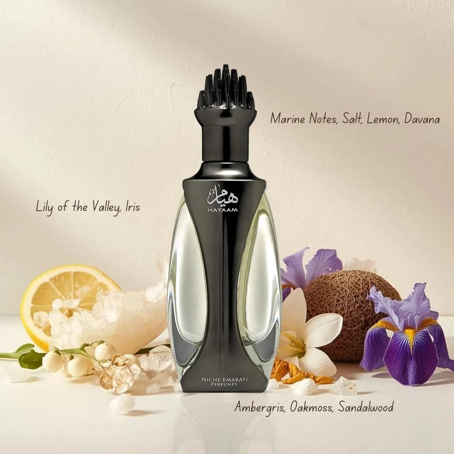 Lattafa Niche Emarati Hayaam Eau de Parfum spray bottle, 100ml, with elegant packaging and floral fragrance design.