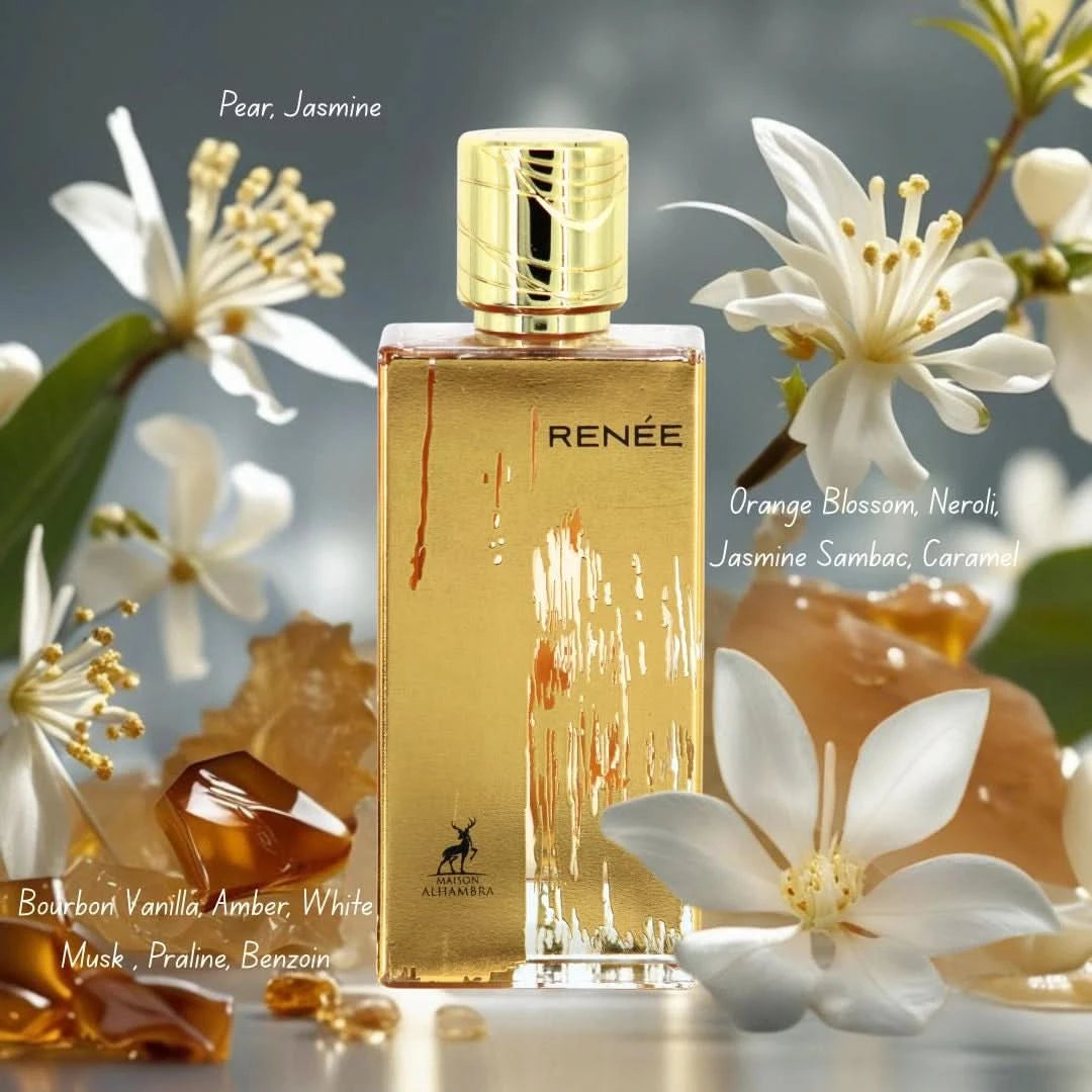 Maison Alhambra Renee Carmine Eau de Parfum spray 100ml with velvet pouch, elegant glass bottle showcasing floral and fruity notes.