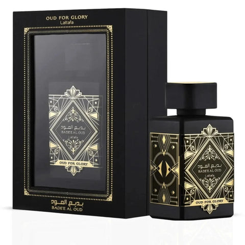 Lattafa Bade'e Al Oud & Ameer Al Oudh Intense Oud Eau de Parfum bundle with two 100ml spray bottles, elegant packaging.