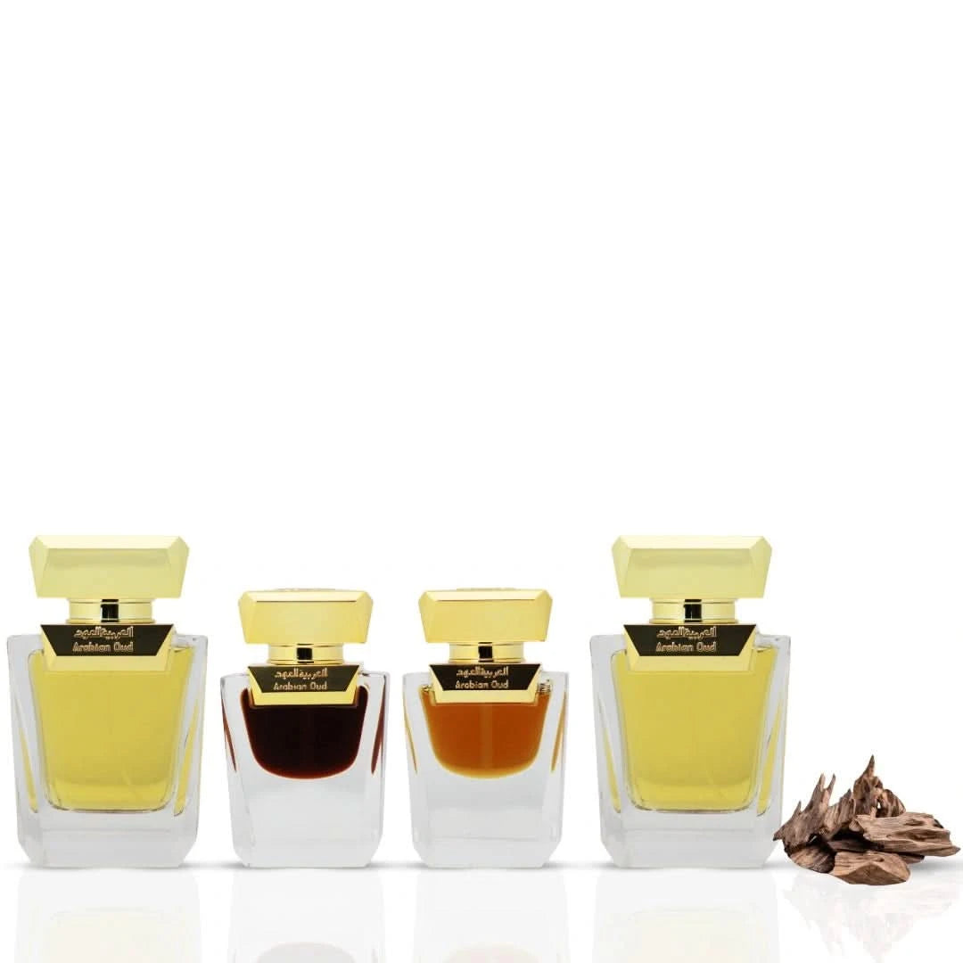 Arabian Oud Dokhon 5-piece gift set with elegant bottles and packaging, showcasing luxurious fragrance products.