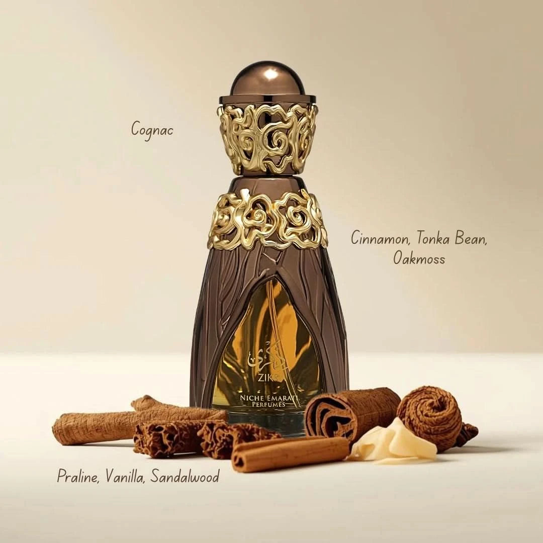 Lattafa Niche Emarati Zikra Eau de Parfum Spray 100ml in a velvet pouch, featuring a luxurious fragrance and elegant design.