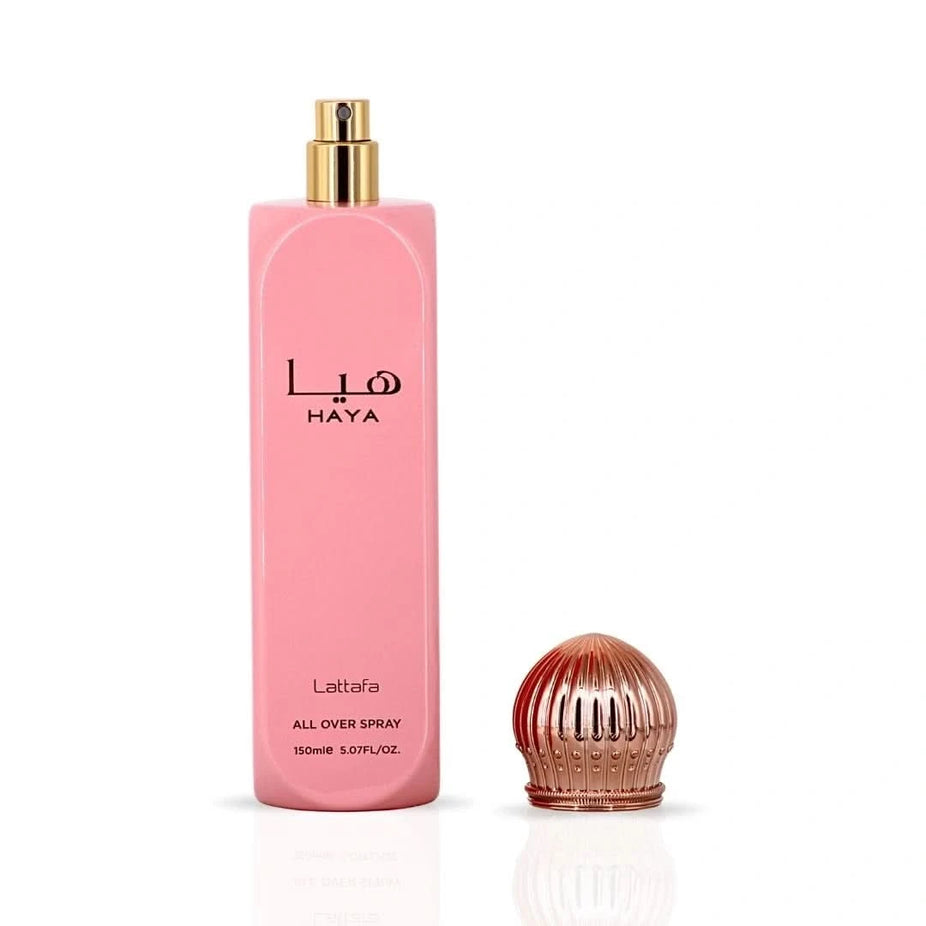 Lattafa Haya All Over Spray 150ml bottle with elegant packaging, designed for versatile use and refreshing fragrance.
