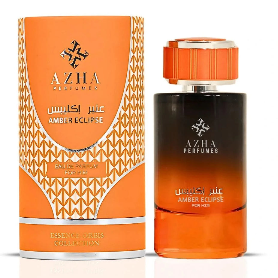 Azha Sultan's Whisper, Amber Eclipse, and Sarab for Him Eau de Parfum collection, 100ml bottles, showcasing elegant fragrance sprays.