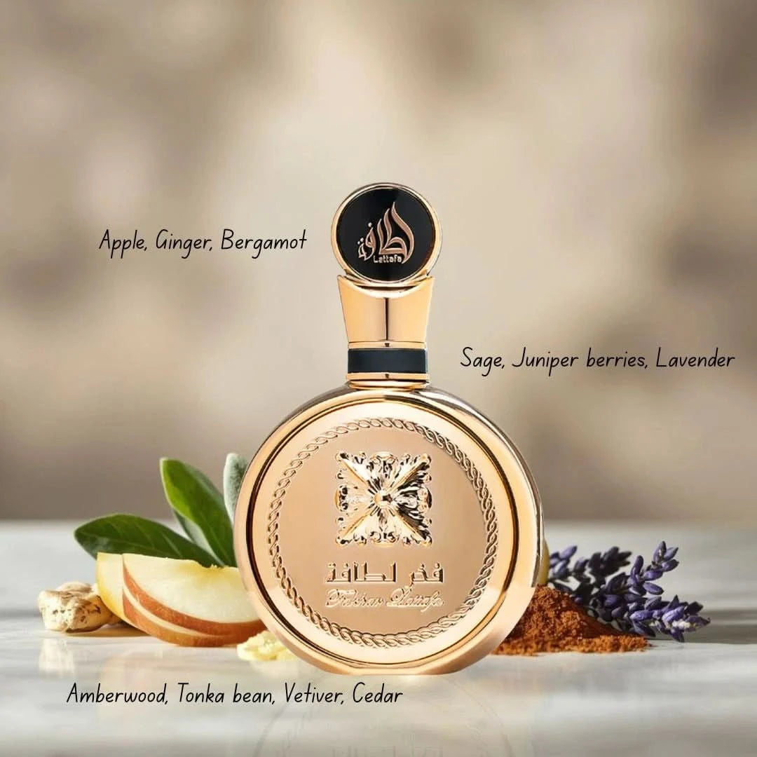 Lattafa Fakhar Men and Women Eau de Parfum spray bundle, 100ml each, featuring Fakhar Gold Extrait and Fakhar Platin fragrances.