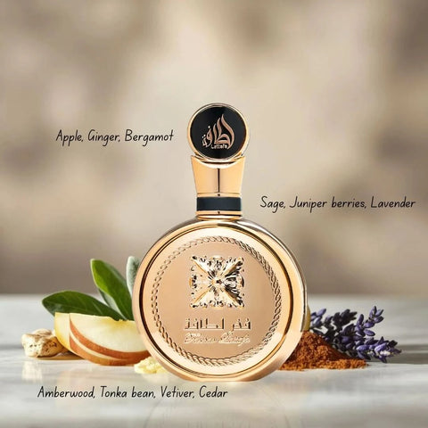 Lattafa Fakhar Men and Women Eau de Parfum spray bundle, 100ml each, featuring Fakhar Gold Extrait and Fakhar Platin fragrances.