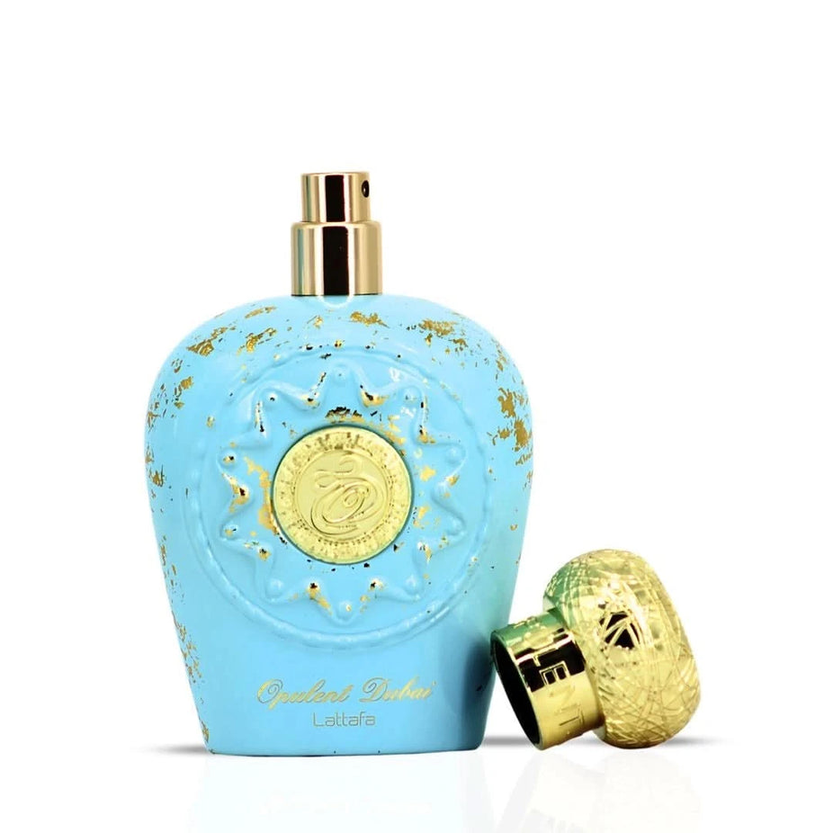 Lattafa Opulent Dubai Eau de Parfum spray 100ml bottle, elegant design, showcasing the luxurious fragrance packaging.