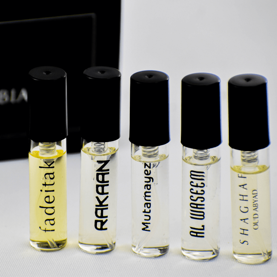 5 SA Sample Packet - Fadeitak, Rakaan, Mutamayez, Al Waseem, Shaghaf Oud Abyad - Intense oud