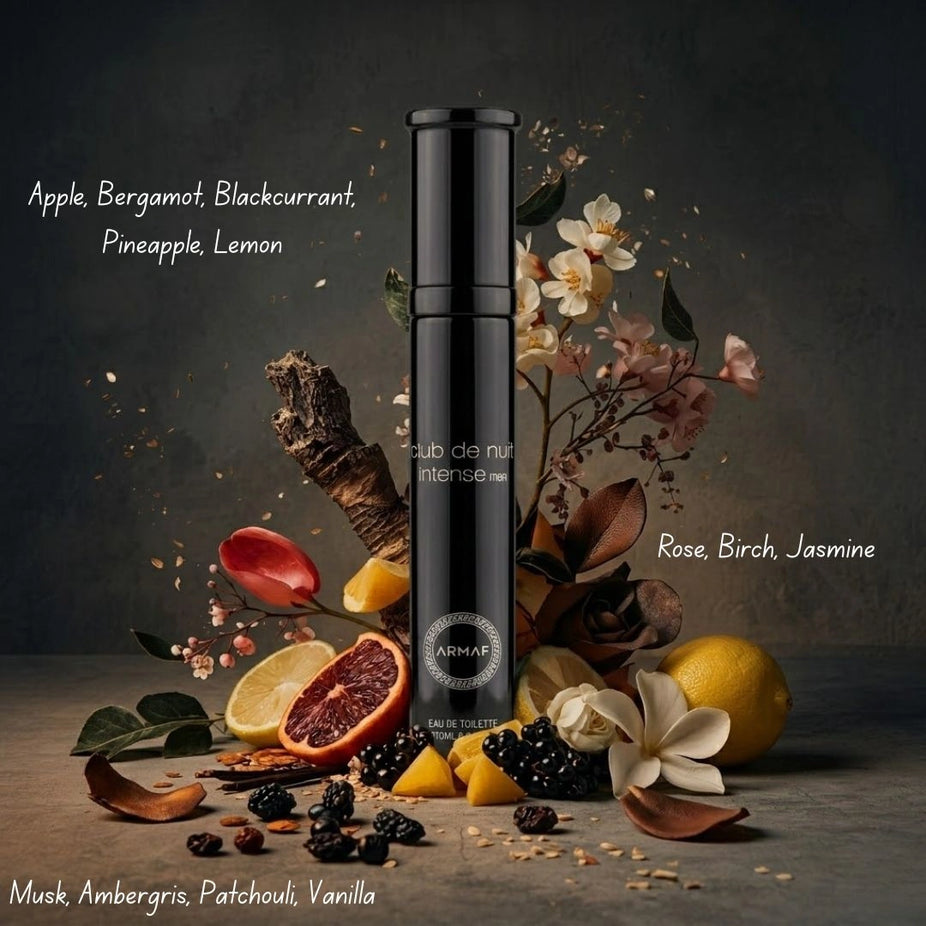 Travel size Armaf Club De Nuit Intense Man Eau de Toilette spray bottle, 10ml, with sleek design and branding visible.