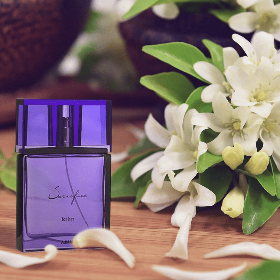 Ajmal Sacrifice for Women EDP 50ml perfume bottle with elegant packaging and floral fragrance design.