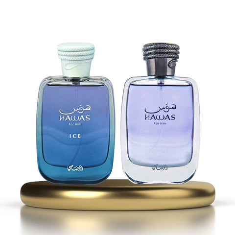 Rasasi Hawas & Hawas Ice - For Him EDP Sprays 100ML (3.4 OZ) by Rasasi | Long Lasting, Refreshing, Aquatic, Luxurious Masculine Scents. (Value Pack) - Intense Oud